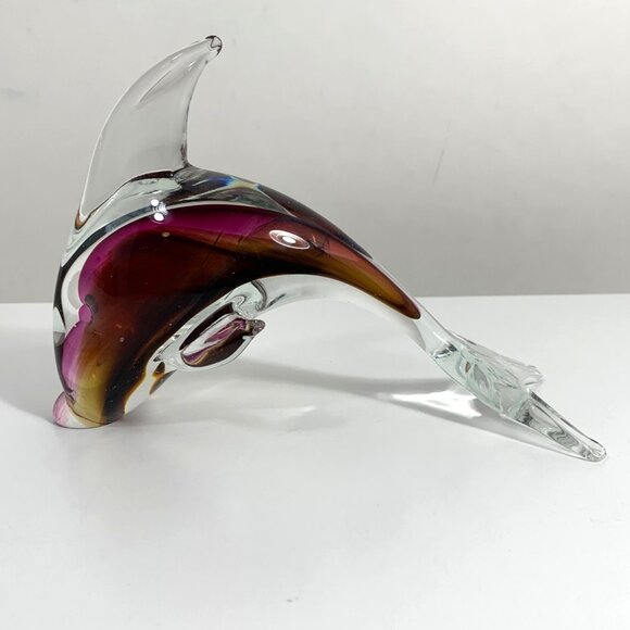 Handcrafted Glass Dolphin Figurine Multicolor Purples & Amber Swirl Design - Picture 1 of 12
